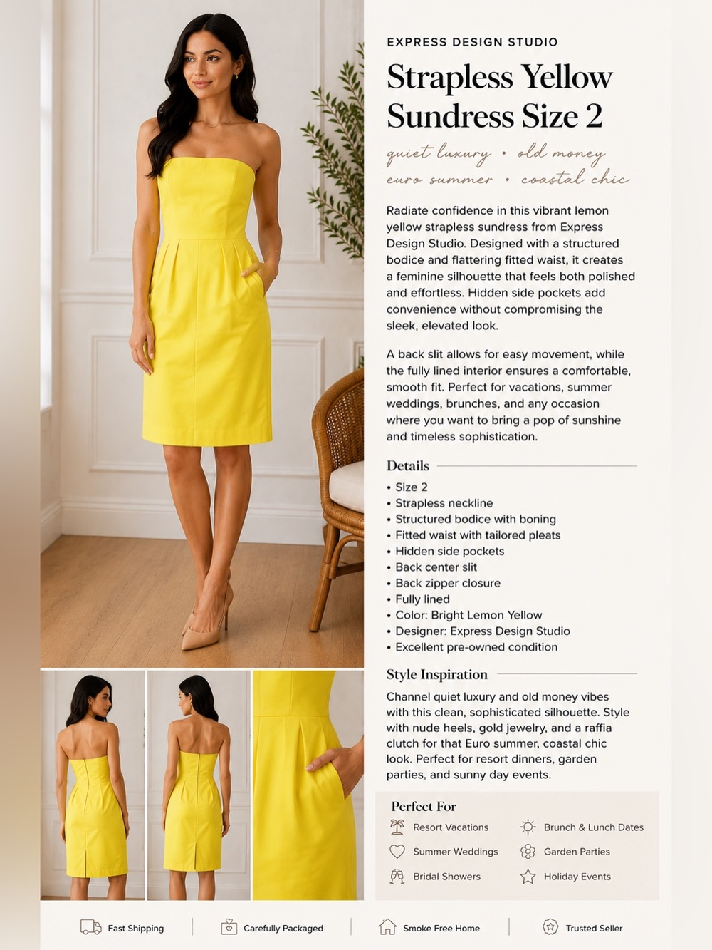 Express Design Studio Strapless Lemon Yellow Midi Dress Size 2 | Quiet Luxury